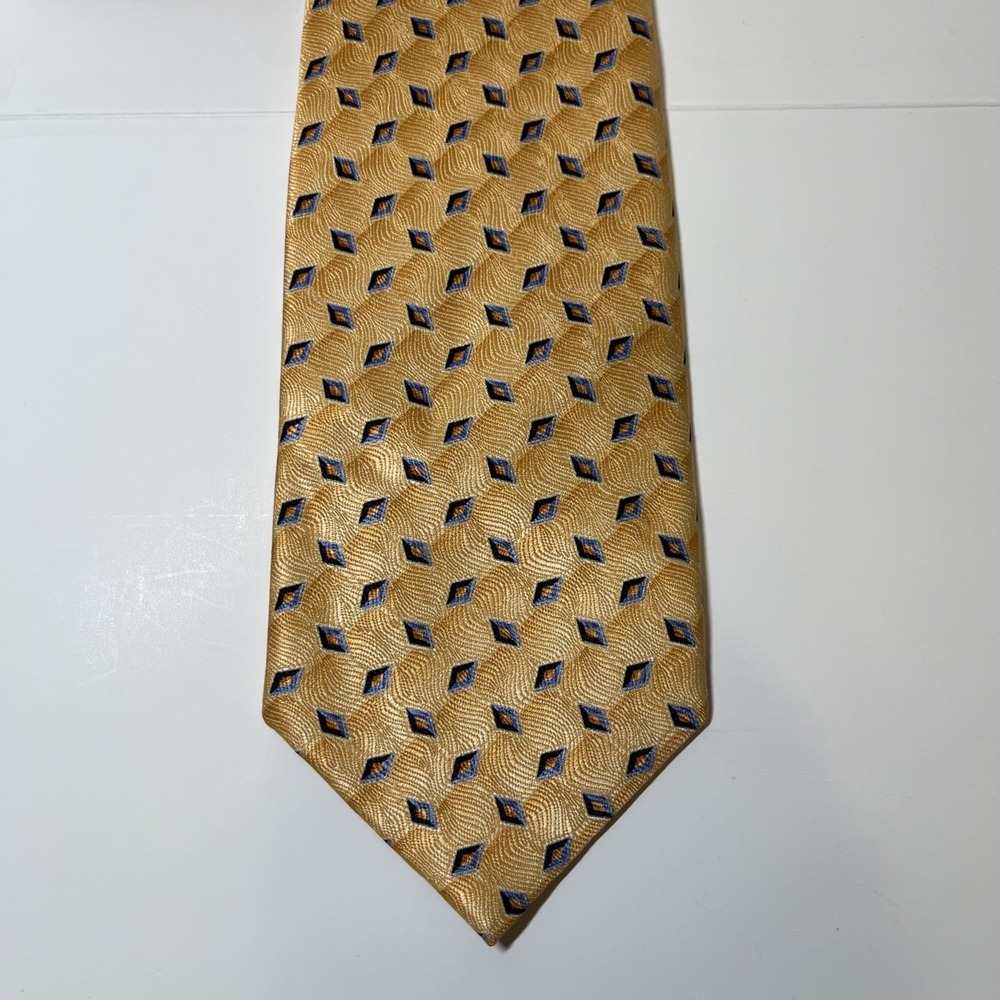 Jos. A. Bank Necktie Mens OS Gold Blue Orange‎ Geometric Diamond Silk Handsewn